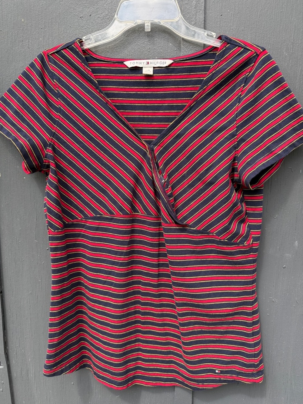 Tommy Hilfiger Navy, Red and Gold Striped Wrap-Style Short Sleeve Top
